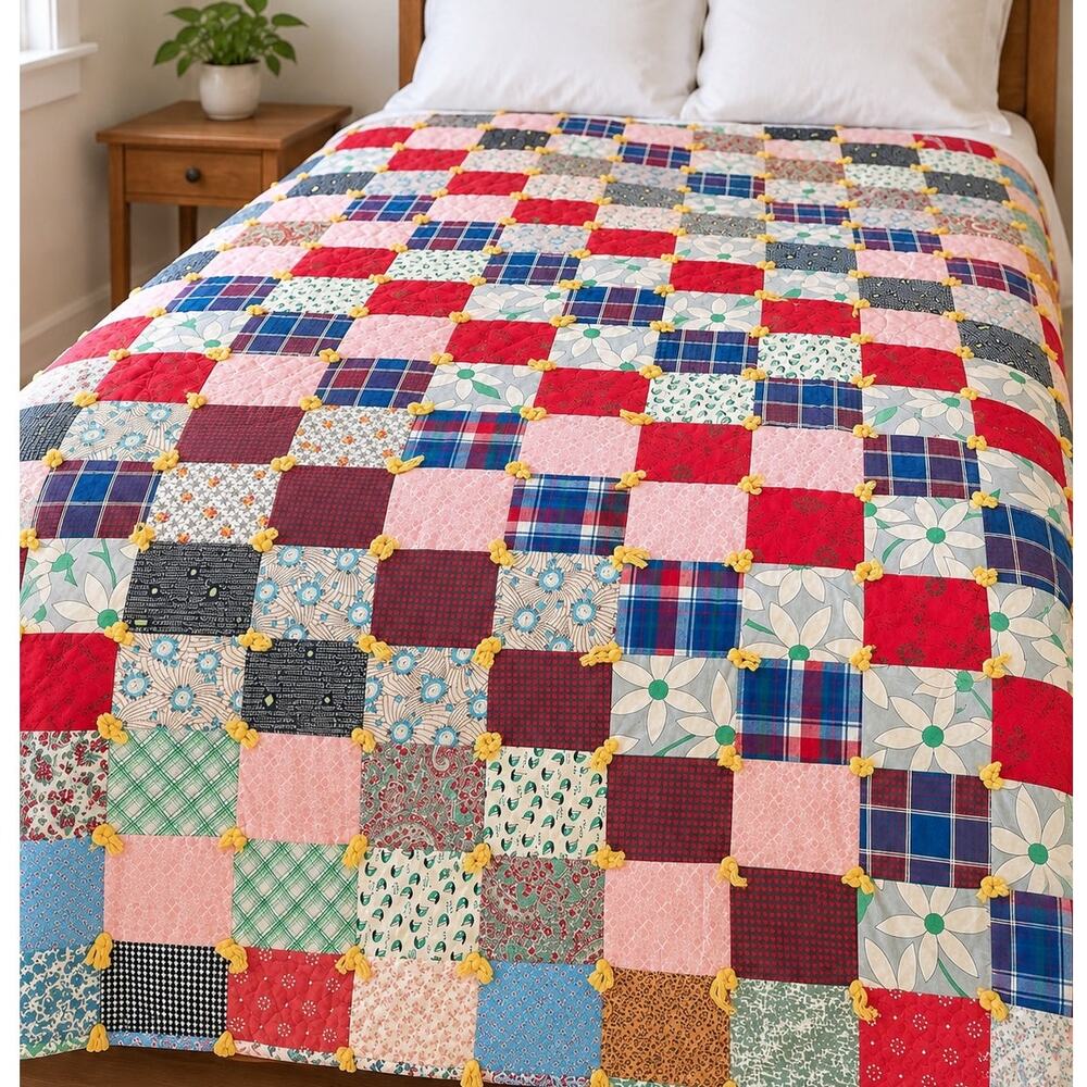 Vintage Handmade Patchwork Tie Quilt Full Double 78x80 Cotton Farmhouse Bedding